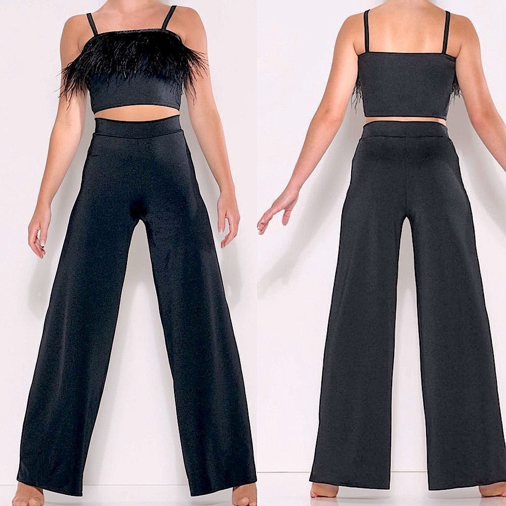 Kelle dance black feather costume 2 piece wide leg pants top 2900 3806 MA adult